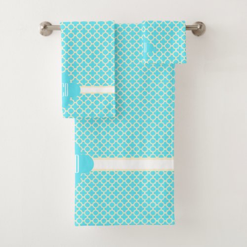 Classic Turquoise Quatrefoil Pattern Monogrammed Bath Towel Set