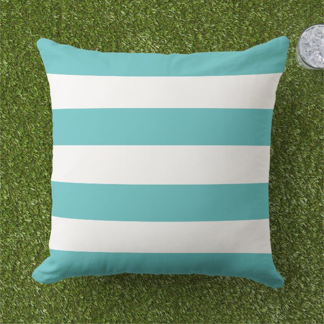 Classic Turquoise Teal Wide Horizontal Stripe Outdoor Pillow (Grass)