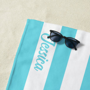 Classic Turquoise White Cabana Strip Personalized Beach Towel