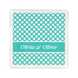 Classic Turquoise & White Polka Dot Custom Name Acrylic Tray