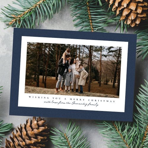 Classic tweed frame simple navy photo Christmas Holiday Card