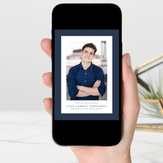 Classic tweed frame simple navy photo graduation announcement (Front Digital)