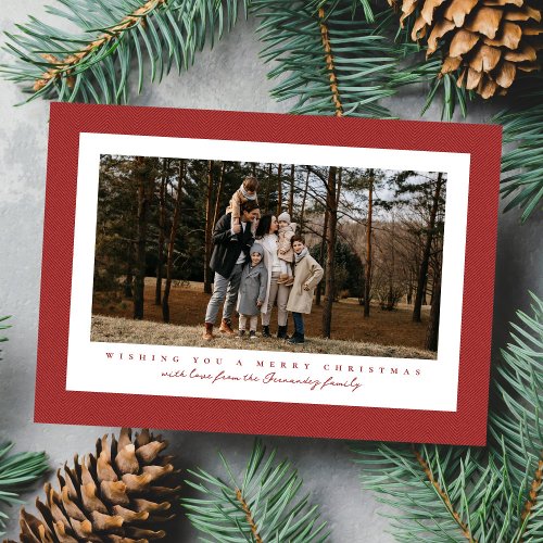 Classic tweed frame simple red photo Christmas Holiday Card
