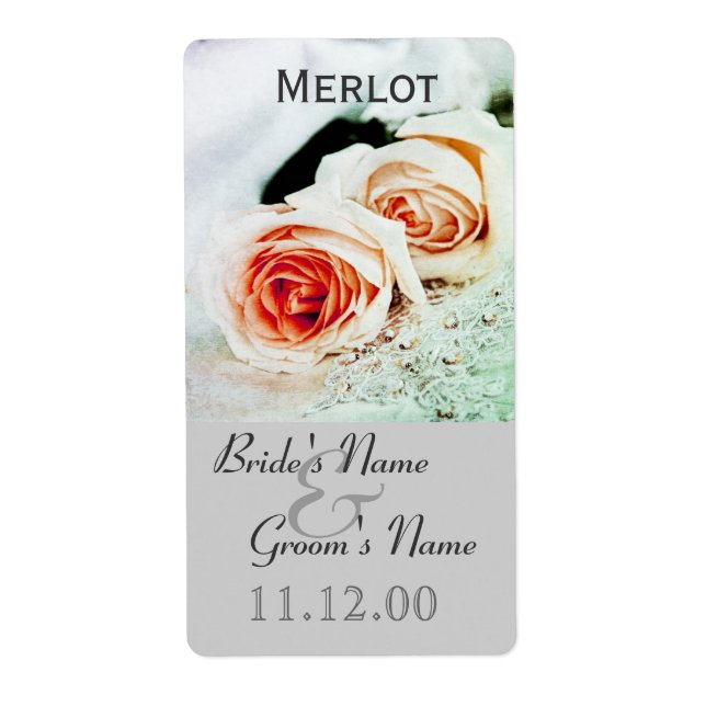 Classic two roses wedding wine bottle lable label (Front)