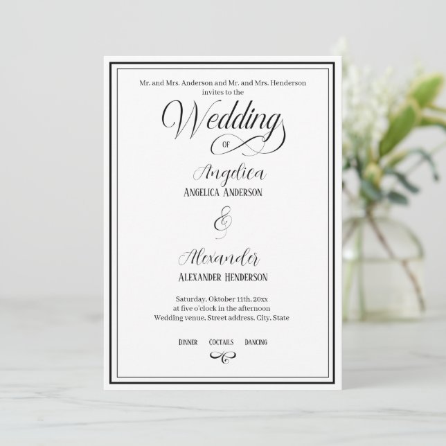 Classic Typography Black on White Formal Wedding  Invitation (Standing Front)