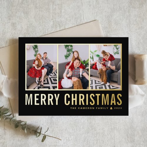 Classic Typography Photo Collage Black Christmas Foil Holiday Card