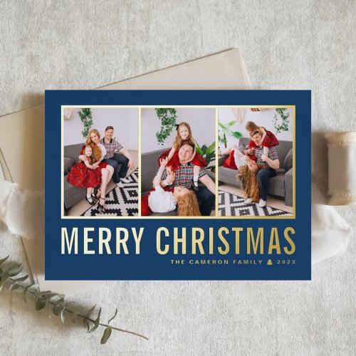 Classic Typography Photo Collage Blue Christmas Foil Holiday Card