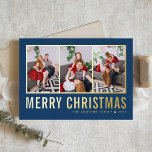 Classic Typography Photo Collage Blue Christmas Foil Holiday Card<br><div class="desc">Merry Christmas! Send your warm wishes this season with this customizable Christmas photo collage card. It features simple typography. Personalize by adding three photos,  names,  year and other details. This modern gold foil Christmas card is available in other colors and cardstock.</div>