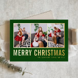Classic Typography Photo Collage Green Christmas Foil Holiday Card<br><div class="desc">Merry Christmas! Send your warm wishes this season with this customizable Christmas photo collage card. It features simple typography on a green background. Personalize by adding three photos,  names,  year and other details. This modern gold foil Christmas card is available in other colors and cardstock.</div>
