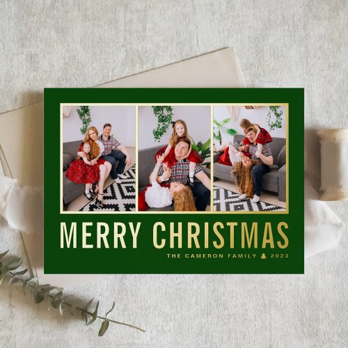 Classic Typography Photo Collage Green Christmas Foil Holiday Card