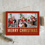 Classic Typography Photo Collage Red Christmas Foil Holiday Card<br><div class="desc">Merry Christmas! Send your warm wishes this season with this customizable Christmas photo collage card. It features simple typography on a red background. Personalize by adding three photos,  names,  year and other details. This modern gold foil Christmas card is available in other colors and cardstock.</div>