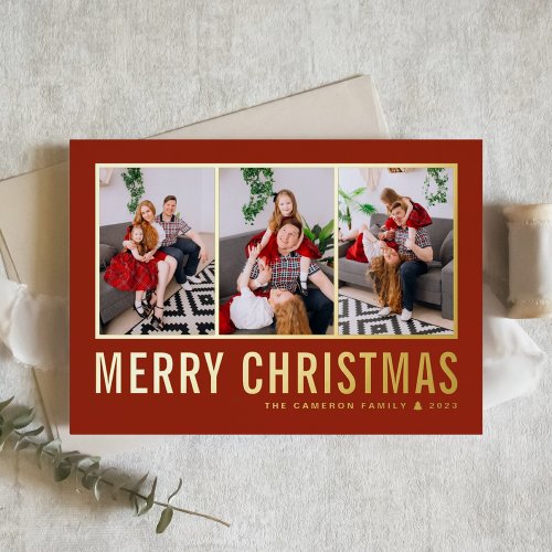Classic Typography Photo Collage Red Christmas Foil Holiday Card