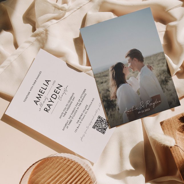 Classic Typography Script Photo QR Code Wedding Invitation (Creator Uploaded)