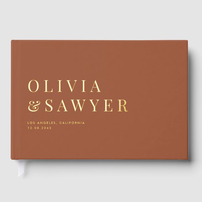 Classic Typography Terracotta Photo Wedding Foil Guest Book (Front)