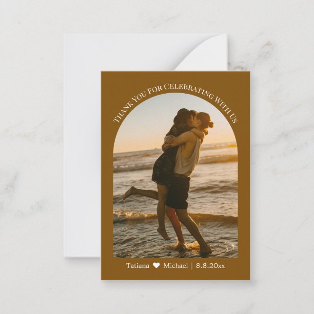 classic typography thank you wedding photo brown note card (Front)