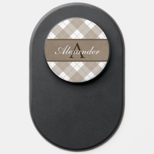 Classic Umber Brown Plaid and Mottled Name Band PopSocket