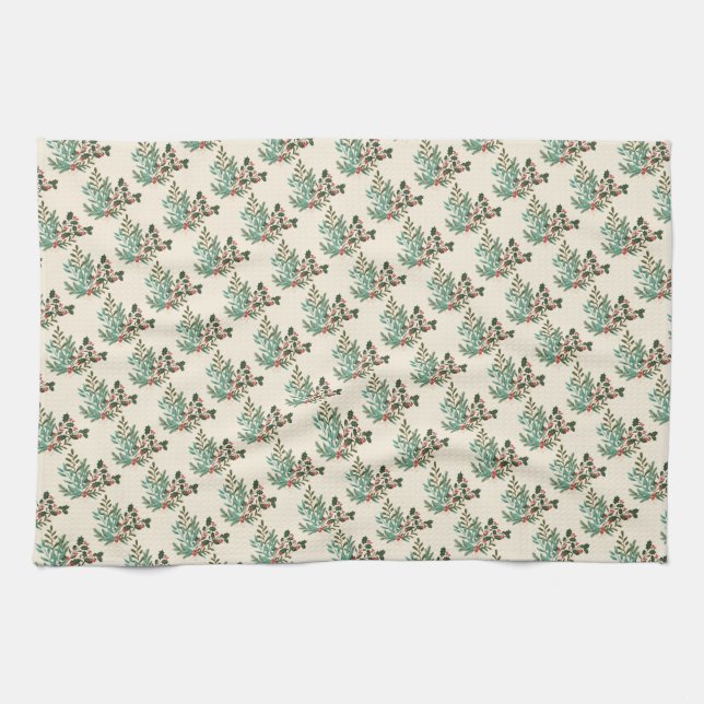 Classic Unique Green Botanical Holiday Christmas Kitchen Towel (Horizontal)