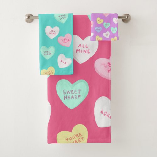 Classic Valentines Candy Hearts Bath Towel Set