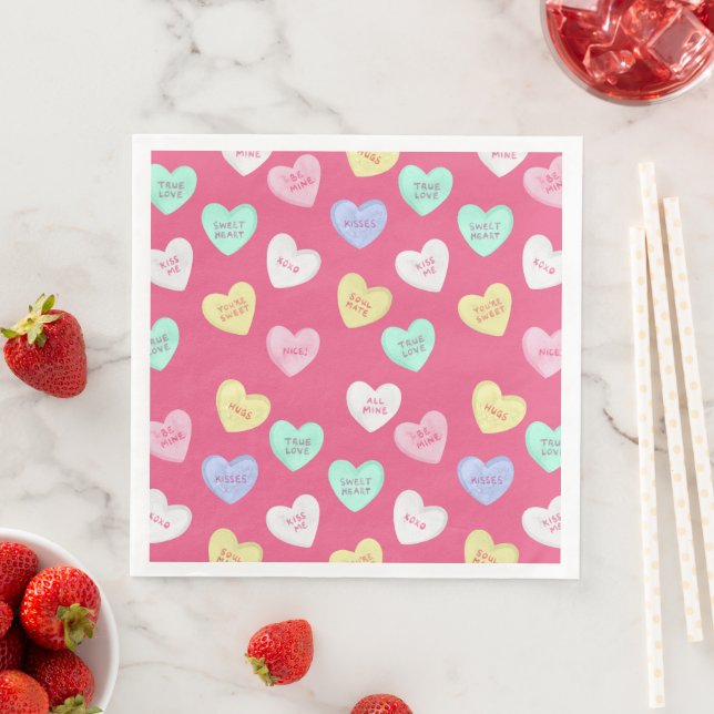 Classic Valentine's Candy Hearts on Pink Paper Dinner Napkins (Insitu)
