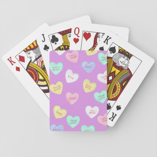 Classic Valentines Candy Hearts on Purple Poker Cards