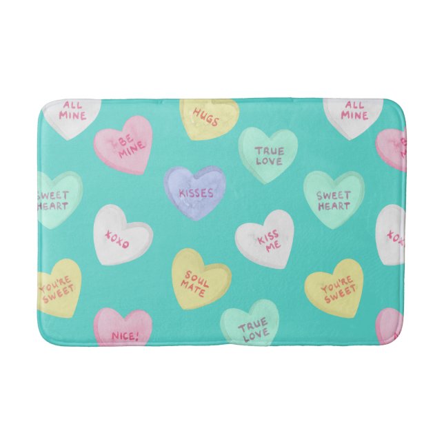 Classic Valentine's Candy Hearts on Teal Bath Mat (Front)