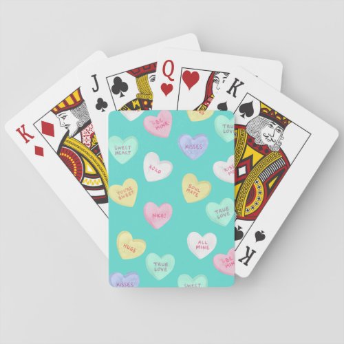 Classic Valentines Candy Hearts on Teal Poker Cards