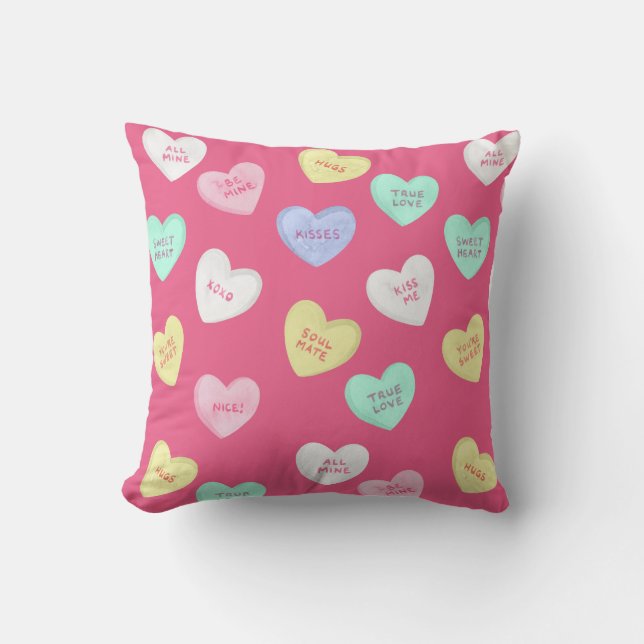 Classic Valentine's Candy Hearts Throw Pillow (Front)