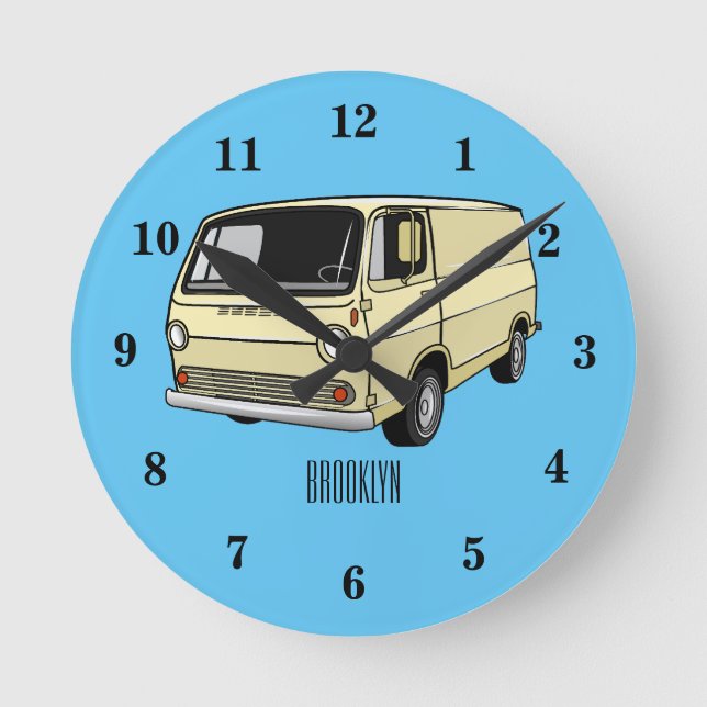 Classic van cartoon illustration round clock (Front)