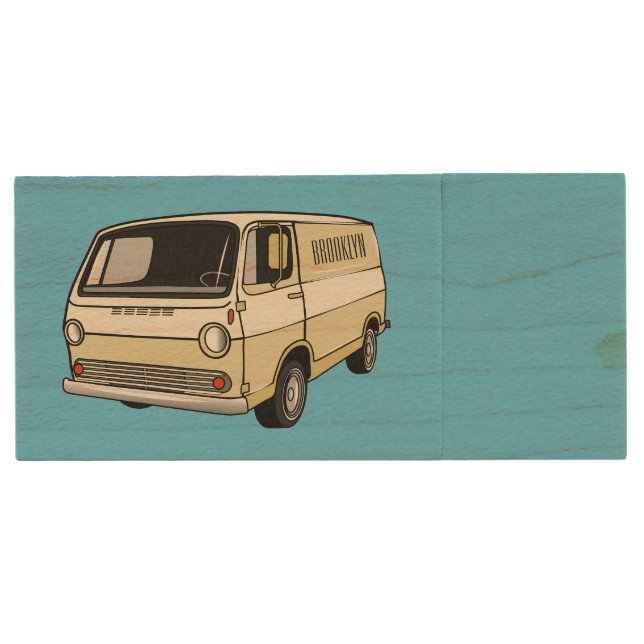 Classic van cartoon illustration wood flash drive (Front)