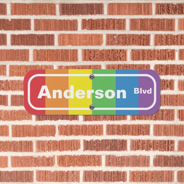 Classic Vertical Rainbow Stripes, White Lettering Metal Sign (In Situ(Brick))
