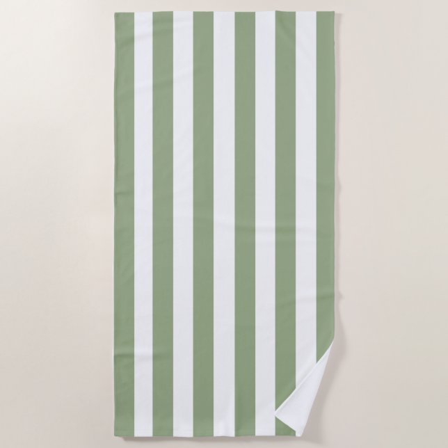 Classic Vertical Sage Green White Stripes Striped Beach Towel (Front)
