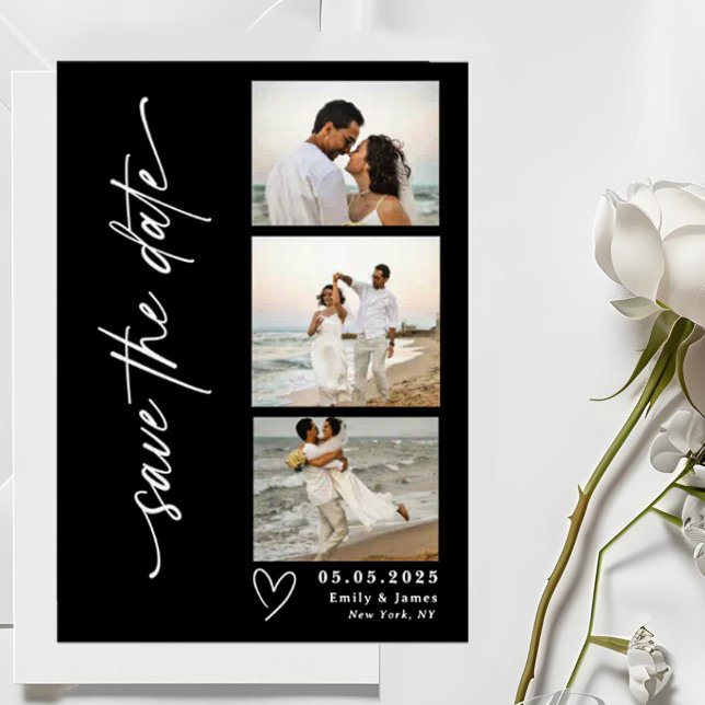 Classic Vertical Script Photo Strip Wedding  Save The Date (Creator Uploaded)