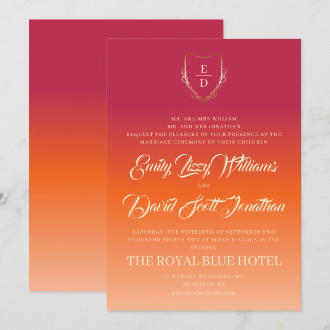 Classic Vibrant Summer Wedding Burgundy Orange Invitation (Front/Back)