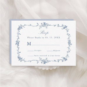 Classic Victorian Blue Floral Frame Wedding RSVP Card