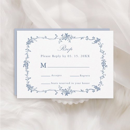 Classic Victorian Blue Floral Frame Wedding RSVP Card