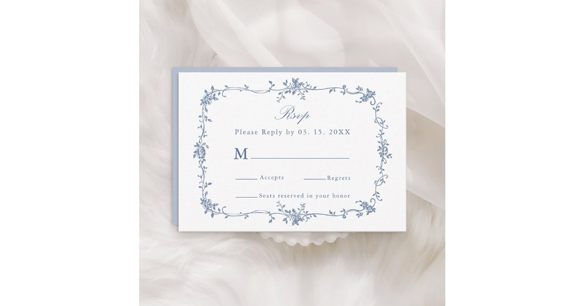 Classic Victorian Blue Floral Frame Wedding RSVP Card | Zazzle