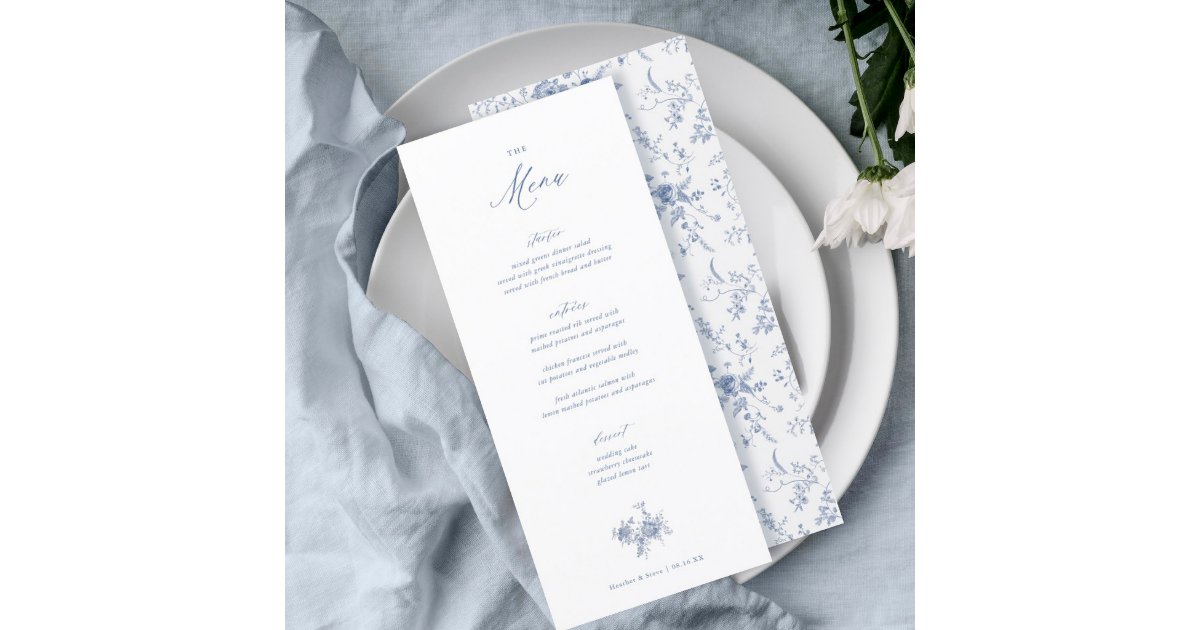 Classic Victorian Blue Floral Wedding Table Menu