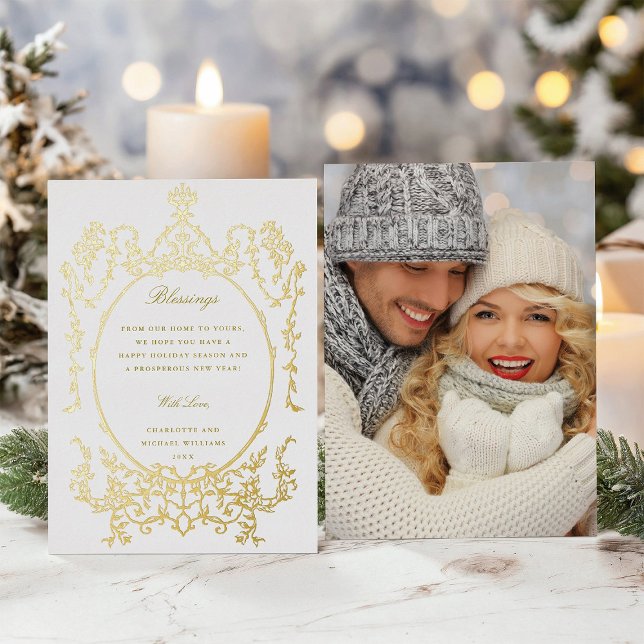  Classic Victorian Frame Christmas Photo Gold Foil Holiday Card (Front & Back)