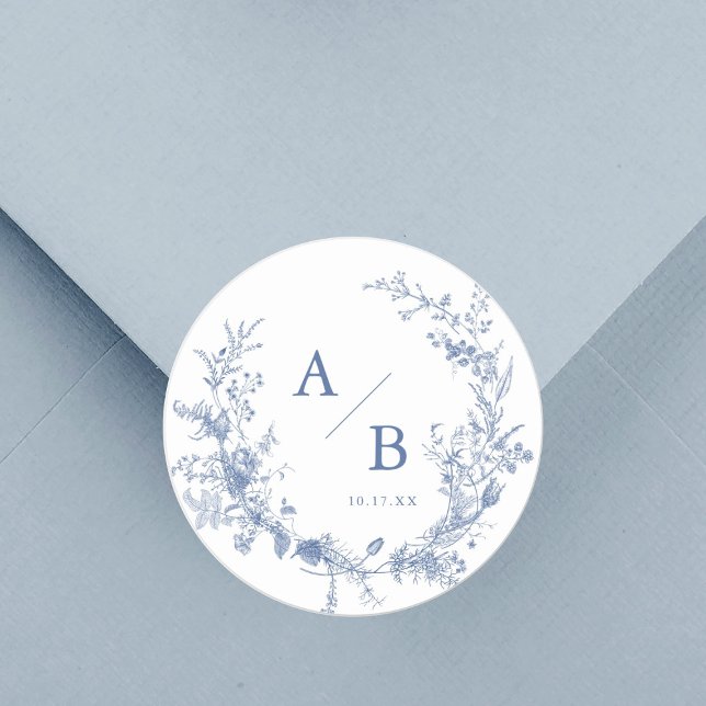 Classic Victorian French Blue Wedding Monogram Classic Round Sticker (Creator Uploaded)
