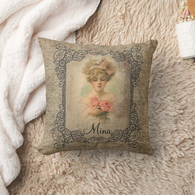 Classic Victorian Lady With Roses Throw Pillow (Blanket)