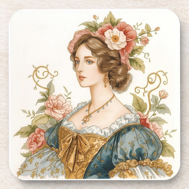 Classic, Victorian, Princess with Beautiful Roses Beverage Coaster (Front)