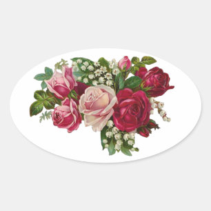 Classic Victorian Roses Lily of the Valley Romance Oval Sticker