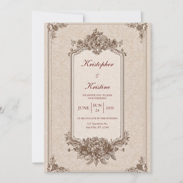 Classic Victorian Sepia Monochrome Floral Wedding Invitation (Front)