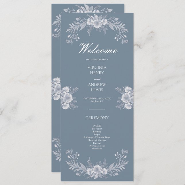 Classic Victorian Wedding Program with Blue Floral (Front/Back)