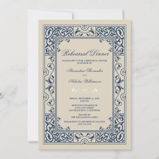 Classic Vignette Rehearsal Dinner Invite (blue) (Front)