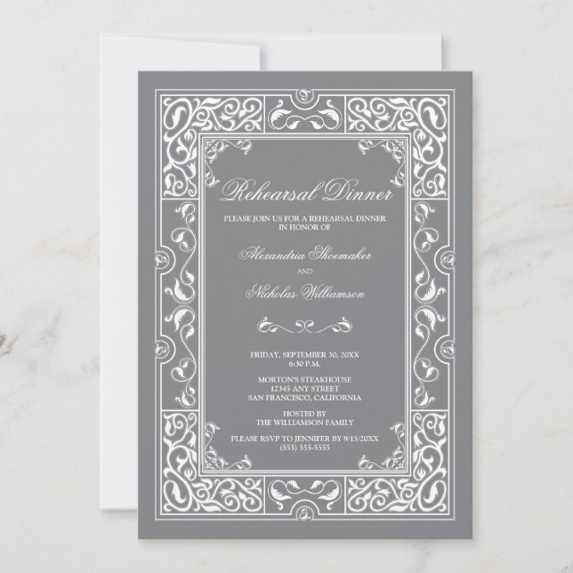 Classic Vignette Rehearsal Dinner Invite (grey) (Front)