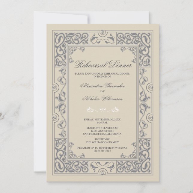 Classic Vignette Rehearsal Dinner Invite (grey) (Front)