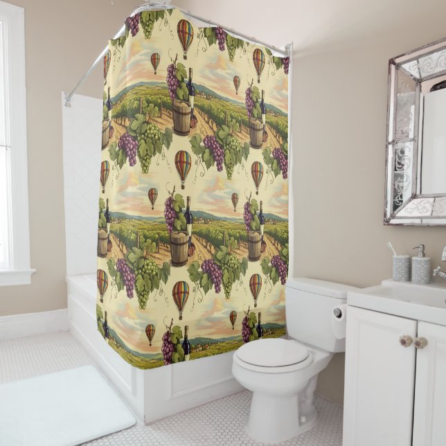 Classic Vineyard Hot Air Balloon Wine Country Shower Curtain (In Situ)