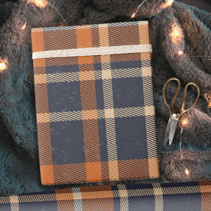 Classic Vintage Autumn Blue and Orange Plaid Wrapping Paper