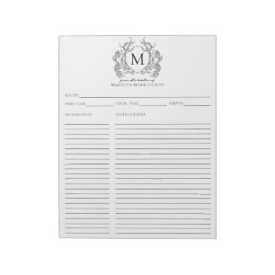 Classic Vintage Black Floral Crest Monogram Recipe Notepad